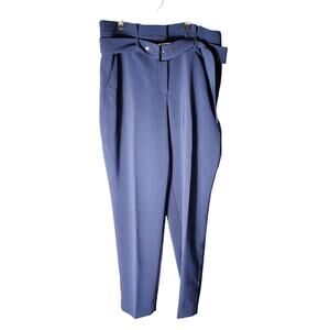 White House Black Market Sz 10L Long Curvy Navy Blue Belted Tapered Ankle Pants